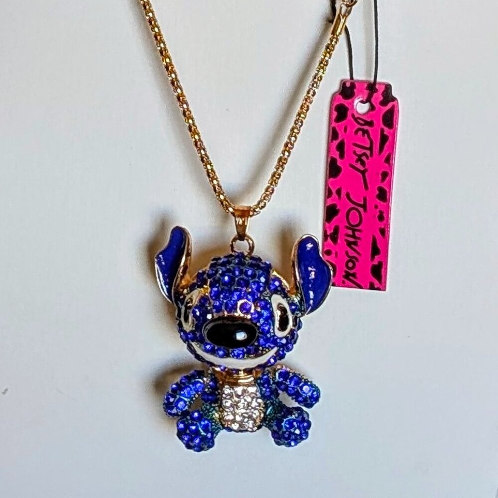 Betsey Johnson Dark Blue Crystal Gold Toned Stitch Necklace - New